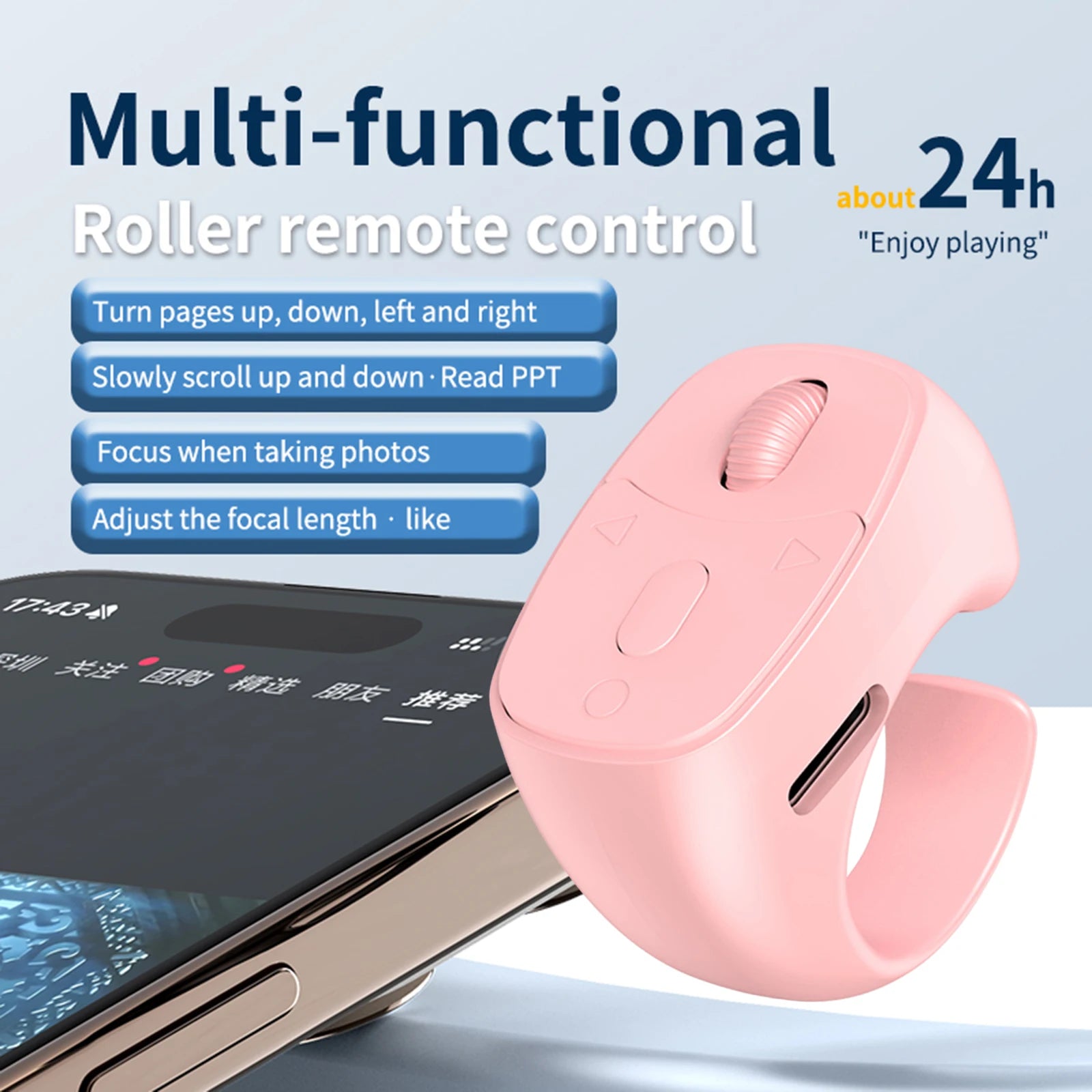 Bezprzewodowy pilot na palec Bluetooth 5.3, do przewracania stron, przeglądania, przewijania, bezprzewodowy spust migawki aparatu, przycisk do selfie