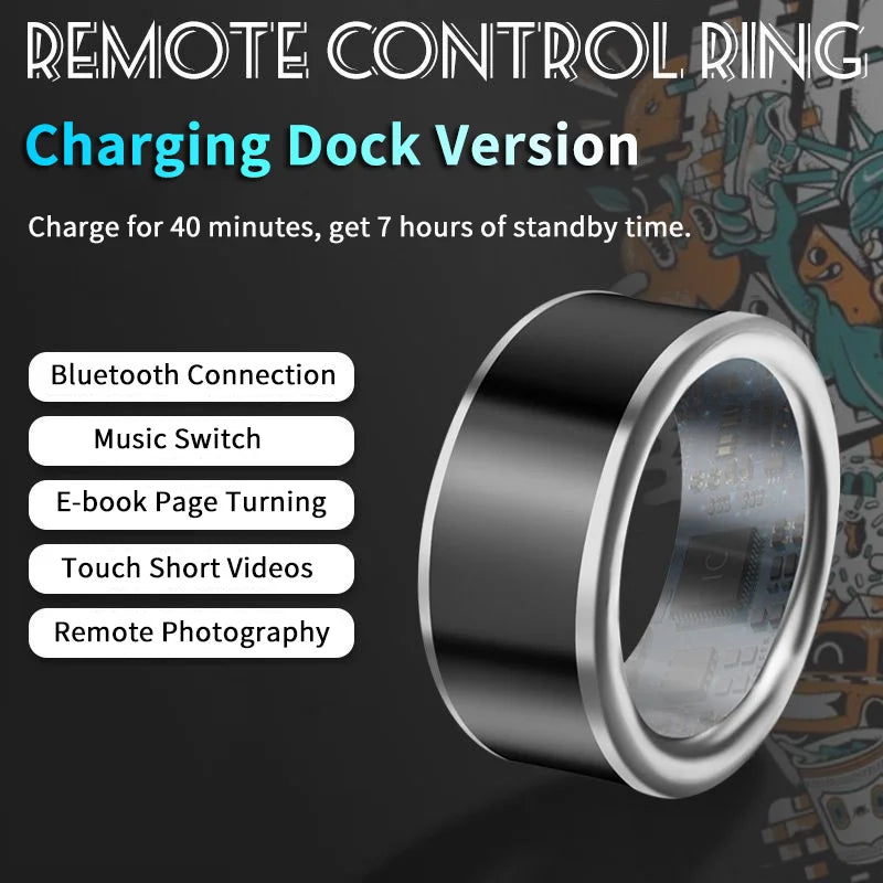 Inteligentny pierścień dotykowy Bluetooth, ładowalny z bazą ładującą. Połącz z telefonem lub tabletem, przewijanie stron wideo i zdjęć.