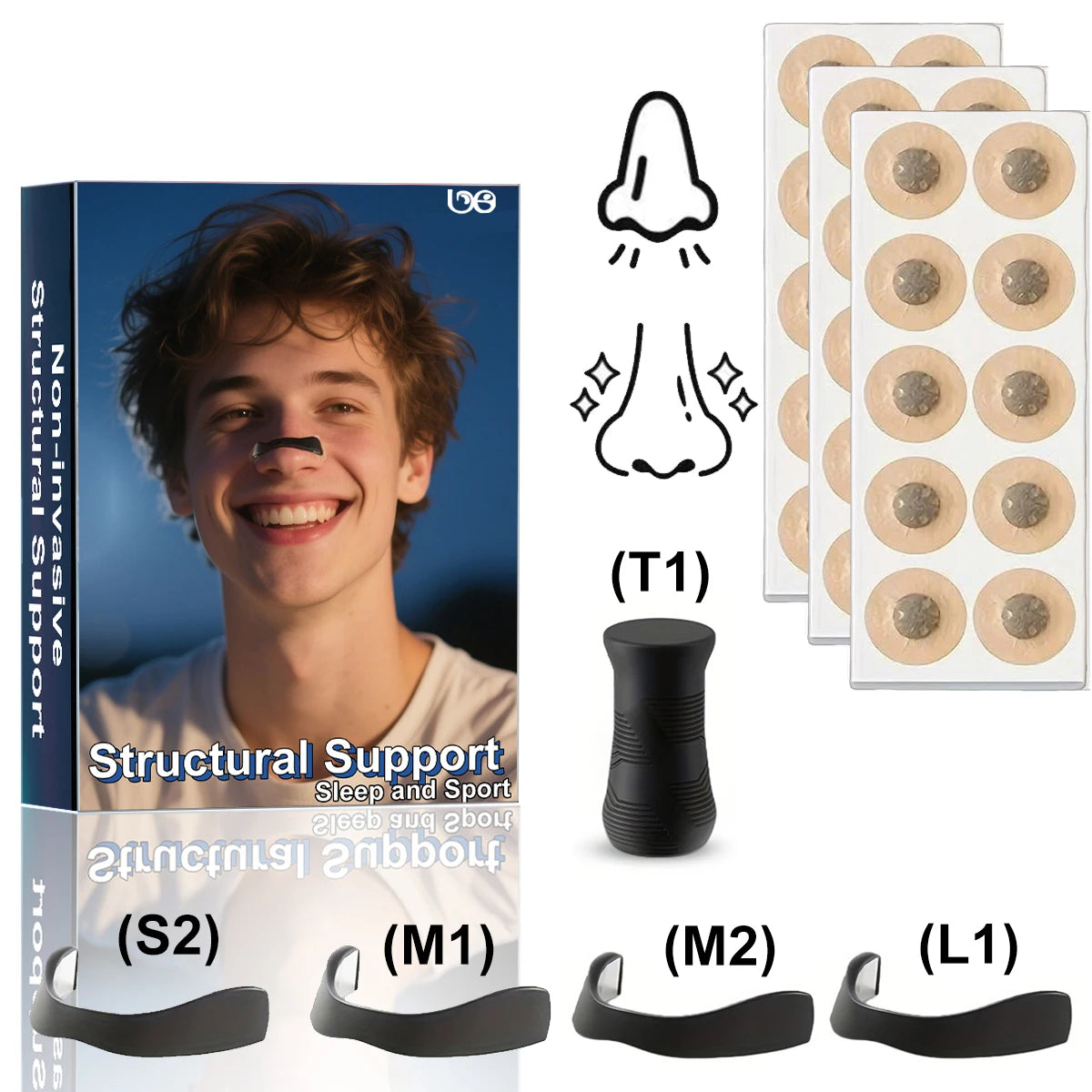 Rozszerzacz nosowy – zestaw komfortowych plastrów na nos do ćwiczeń/codziennego użytku: magnetyczny, regulowany design + akcesoria do codziennego czyszczenia. 4