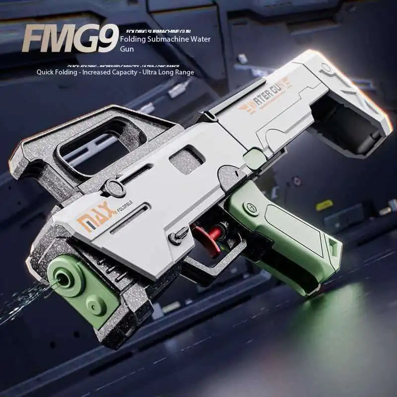 FMG9 Składany Pistolet Maszynowy na Wodę z Manualnym Ogniem Ciągłym, Bardzo Dużym Zasięgiem i Dużą Pojemnością, Zabawka do Wody Pistolet na Wodę