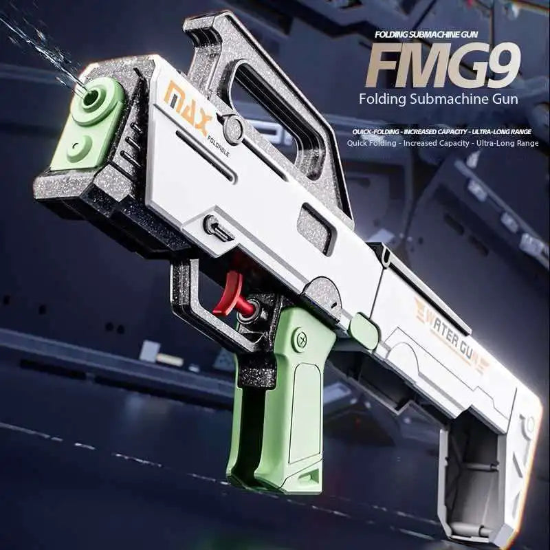 FMG9 Składany Pistolet Maszynowy na Wodę z Manualnym Ogniem Ciągłym, Bardzo Dużym Zasięgiem i Dużą Pojemnością, Zabawka do Wody Pistolet na Wodę